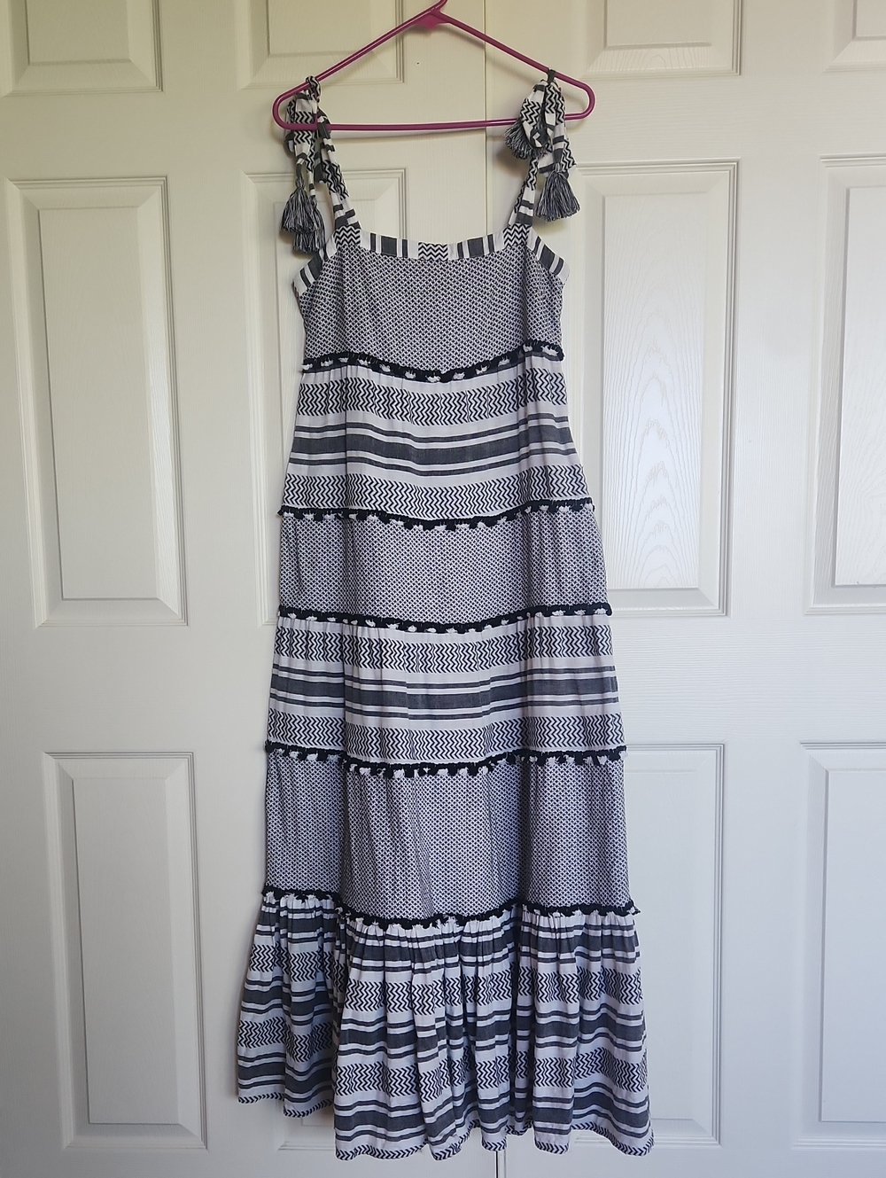 Veronica Beard Black & White Tiered Maxi Dress with Tassel Straps